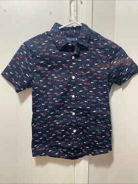 French Toast Navy Short-Sleeve Button Down with Red & White Shark Print
